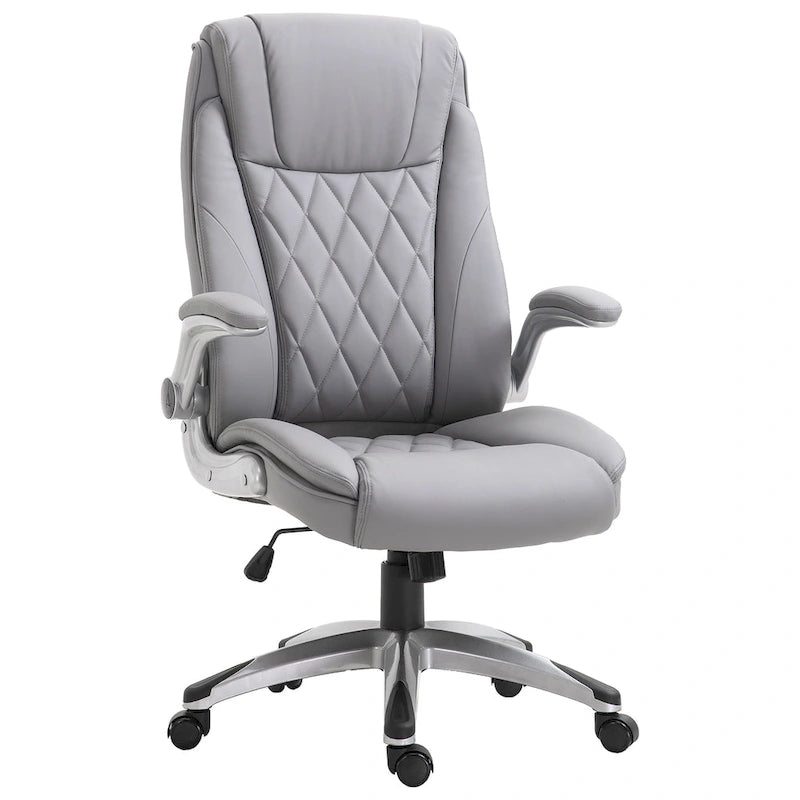 Fauteuil de bureau ergonomique à dossier haut pivotant à 360° avec accoudoirs relevables, fauteuil à bascule pour bureau d'ordinateur en similicuir, gris