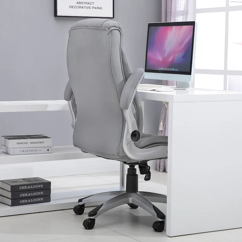 Fauteuil de bureau ergonomique à dossier haut pivotant à 360° avec accoudoirs relevables, fauteuil à bascule pour bureau d'ordinateur en similicuir, gris