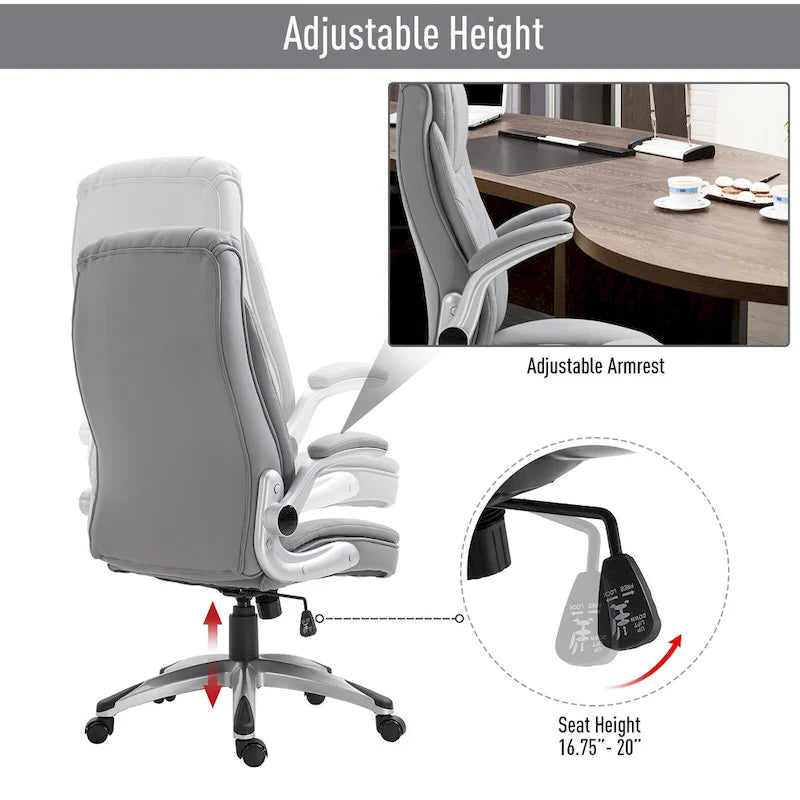 Fauteuil de bureau ergonomique à dossier haut pivotant à 360° avec accoudoirs relevables, fauteuil à bascule pour bureau d'ordinateur en similicuir, gris
