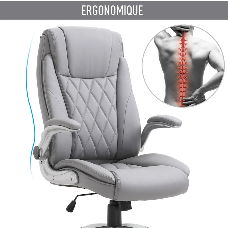 High Back 360 Swivel Ergonomic Home Office Chair with Flip Up Arms, Faux Leather Computer Desk Rocking Chair, Grey
