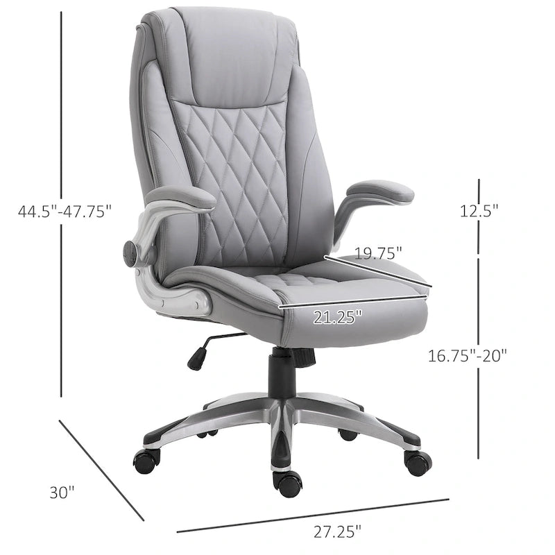 Fauteuil de bureau ergonomique à dossier haut pivotant à 360° avec accoudoirs relevables, fauteuil à bascule pour bureau d'ordinateur en similicuir, gris
