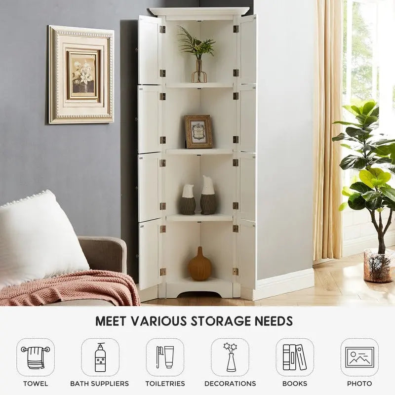 Tall Corner Storage Cabinet with 8 Doors & 4 Shelves