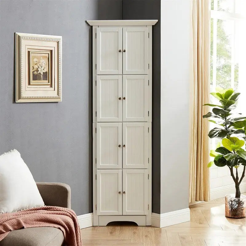 Hoher Eckschrank mit 8 Türen und 4 Regalböden