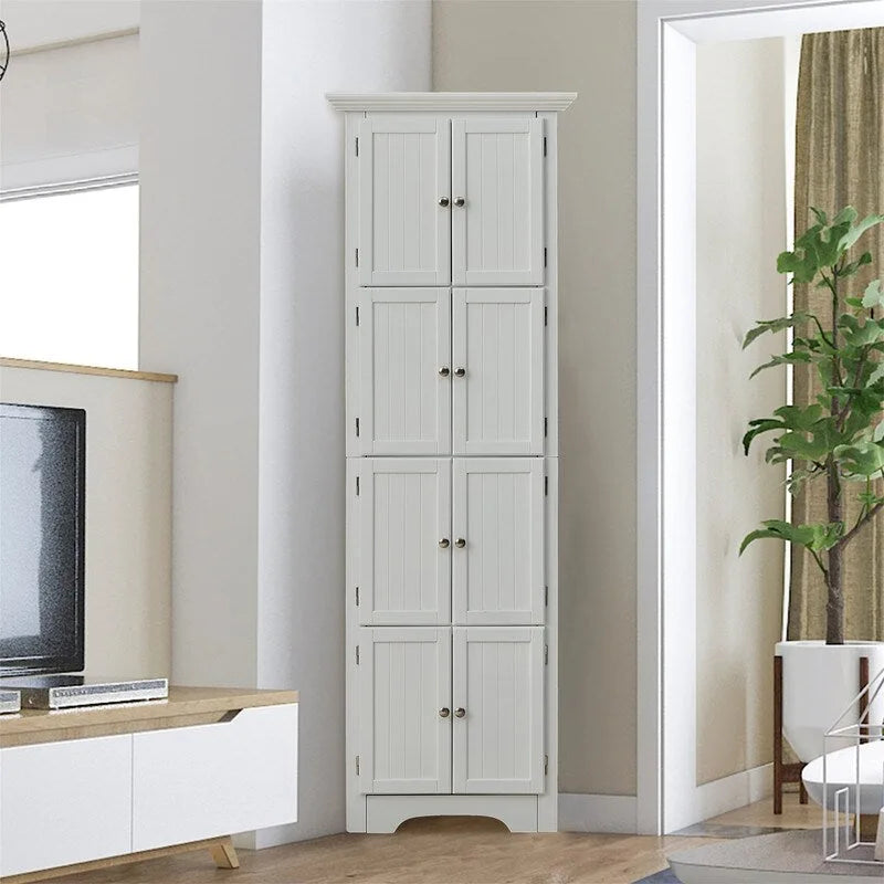 Hoher Eckschrank mit 8 Türen und 4 Regalböden