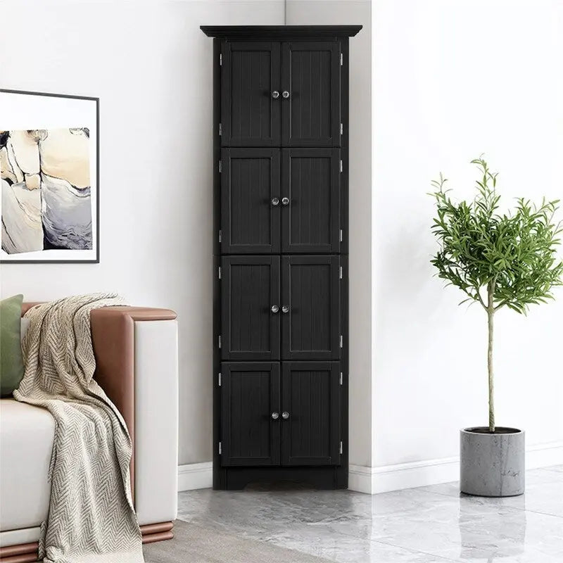 Hoher Eckschrank mit 8 Türen und 4 Regalböden