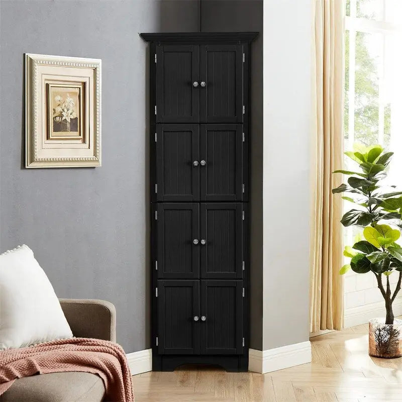 Hoher Eckschrank mit 8 Türen und 4 Regalböden