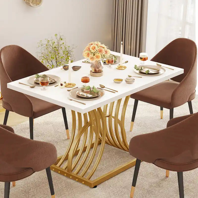 Rectangular Dining Table for 4, White and Gold