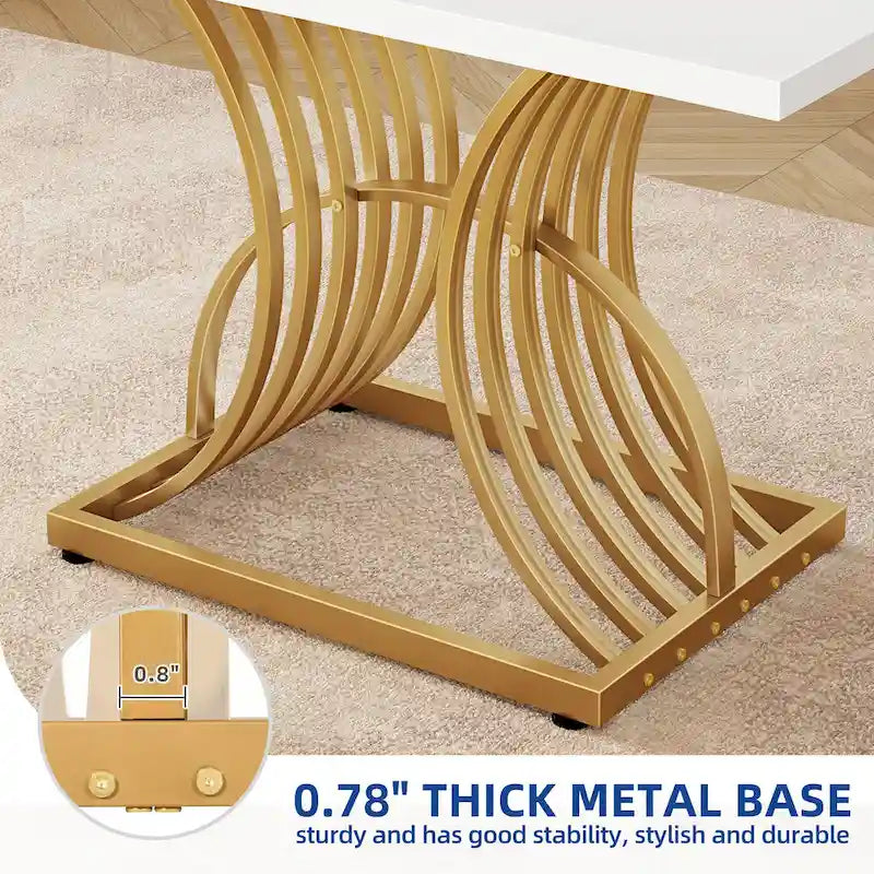 Rectangular Dining Table for 4, White and Gold