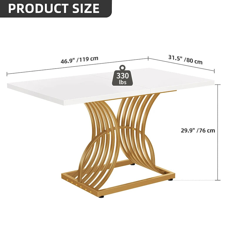 Rectangular Dining Table for 4, White and Gold
