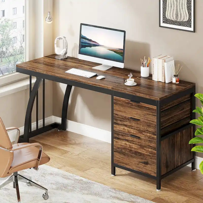 59-inch Wood/Metal Computer Desk with 3 Reversible Drawers