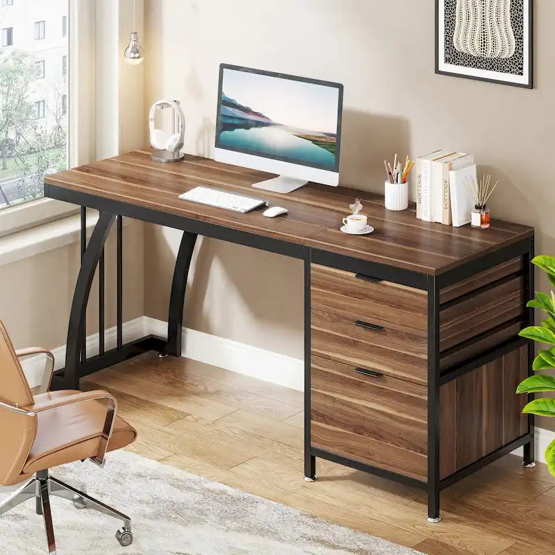 59-inch Wood/Metal Computer Desk with 3 Reversible Drawers