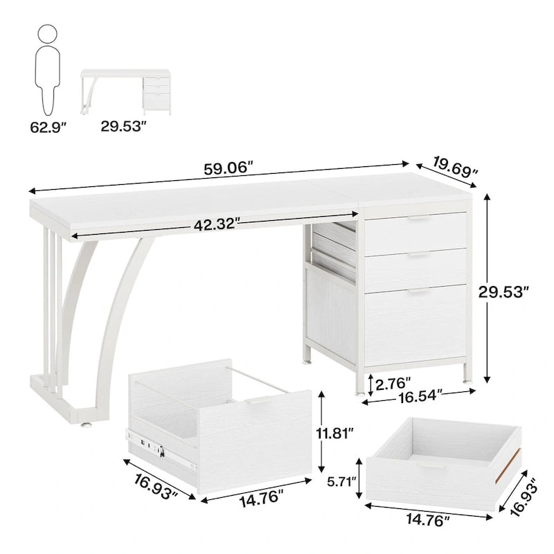 59-inch Wood/Metal Computer Desk with 3 Reversible Drawers