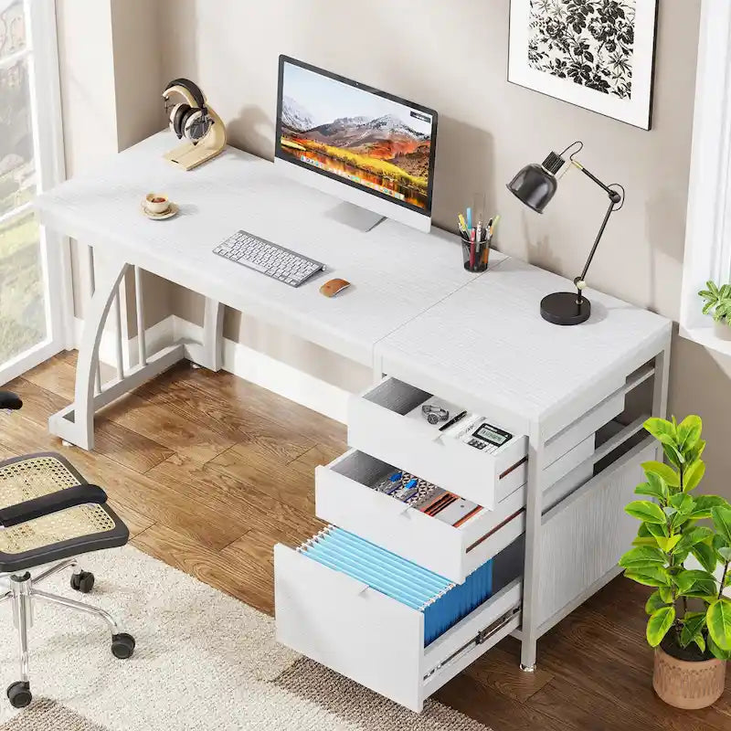 59-inch Wood/Metal Computer Desk with 3 Reversible Drawers