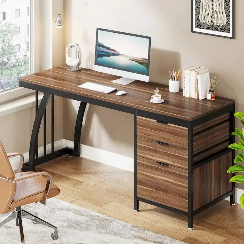 59-inch Wood/Metal Computer Desk with 3 Reversible Drawers