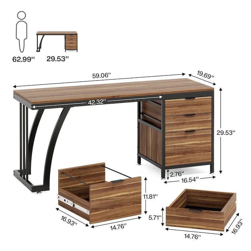 59-inch Wood/Metal Computer Desk with 3 Reversible Drawers