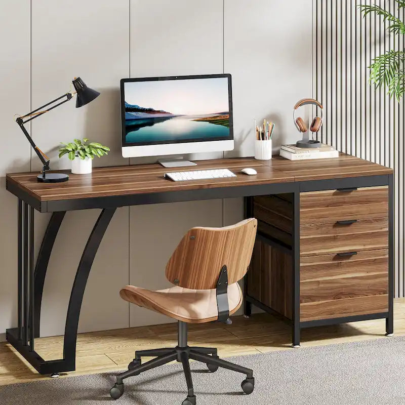 59-inch Wood/Metal Computer Desk with 3 Reversible Drawers