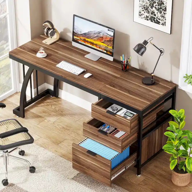 59-inch Wood/Metal Computer Desk with 3 Reversible Drawers