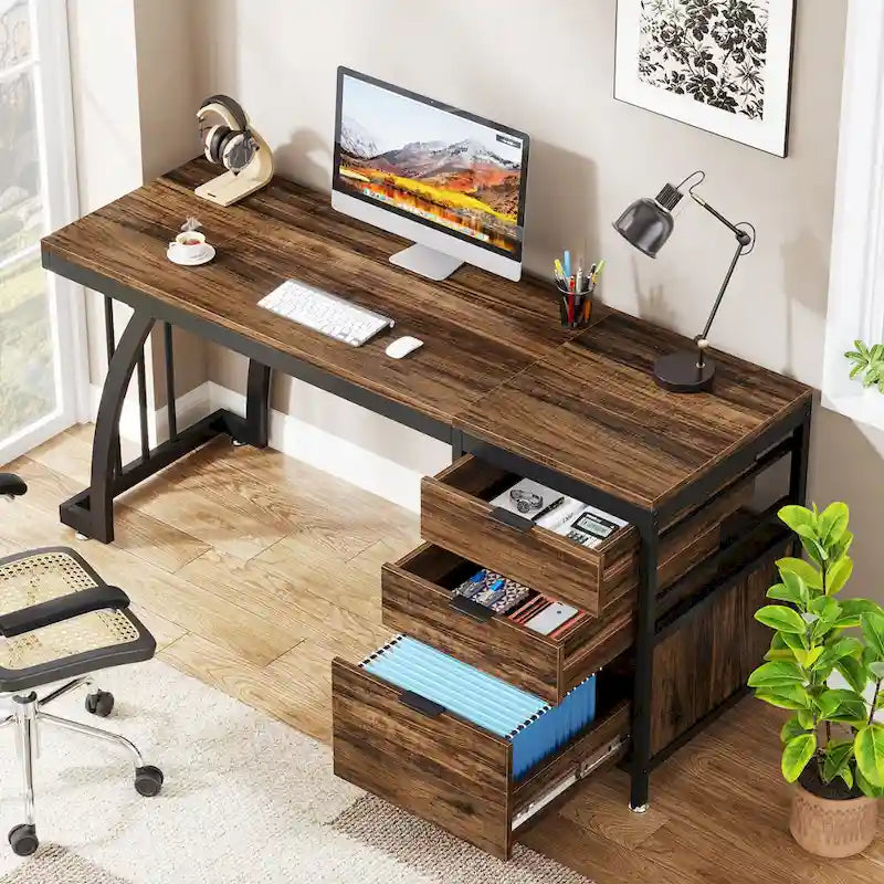 59-inch Wood/Metal Computer Desk with 3 Reversible Drawers