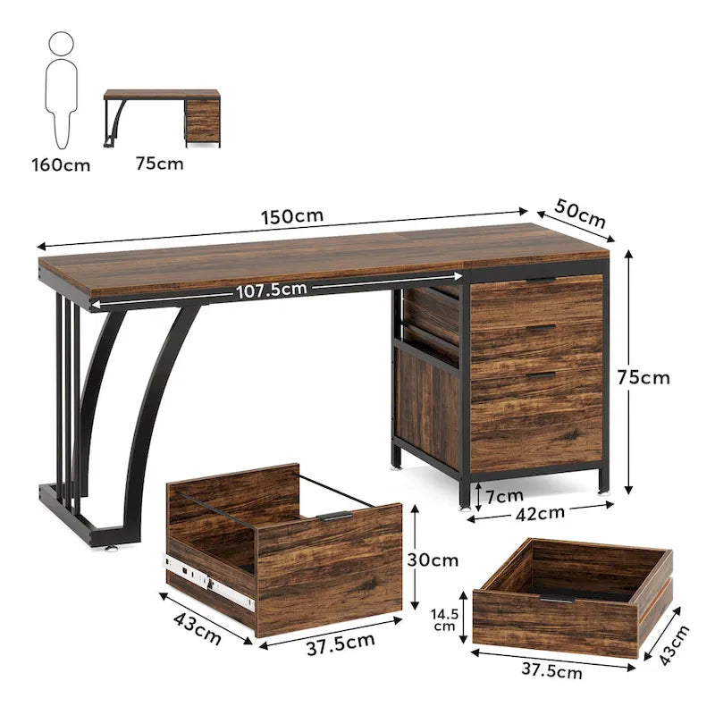 59-inch Wood/Metal Computer Desk with 3 Reversible Drawers
