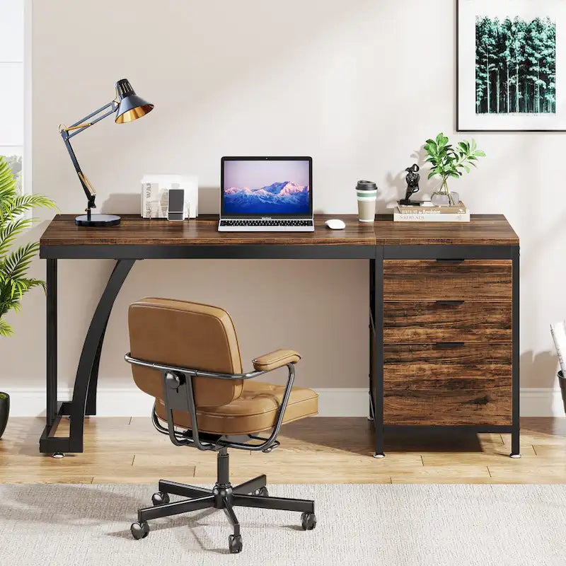 59-inch Wood/Metal Computer Desk with 3 Reversible Drawers