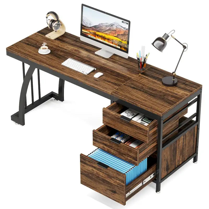 59-inch Wood/Metal Computer Desk with 3 Reversible Drawers