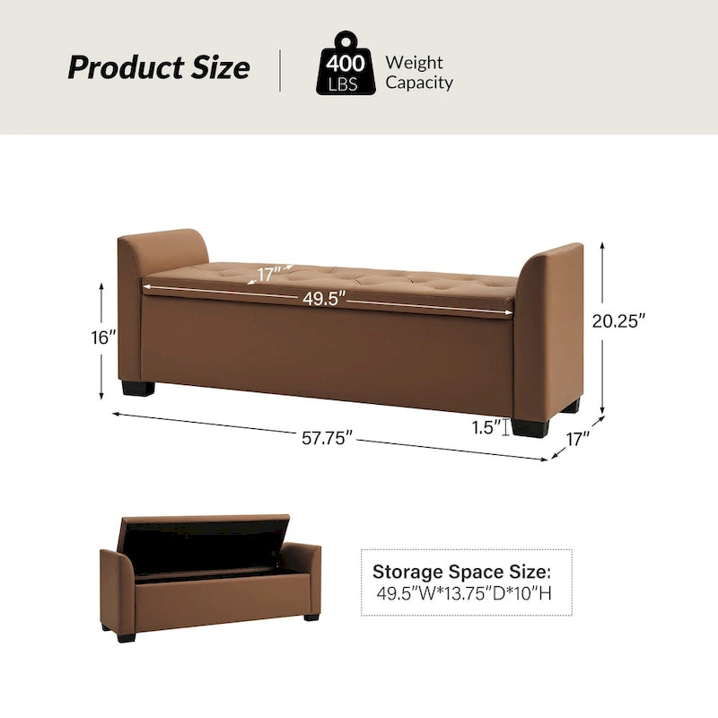 57.75" Wide Tufted Storage Bench with Flared Arms