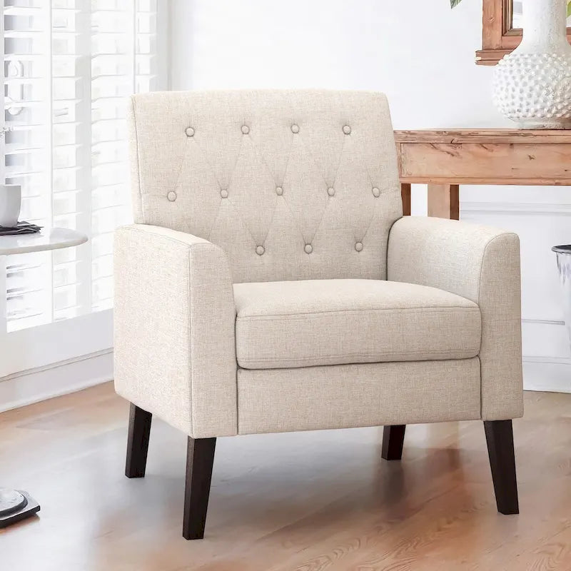 Mid-Century Modern Upholstered Linen Button Tufted Accent Chair