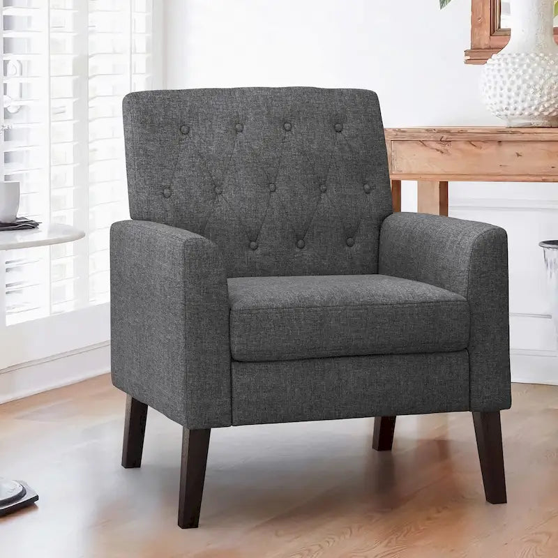 Mid-Century Modern Upholstered Linen Button Tufted Accent Chair