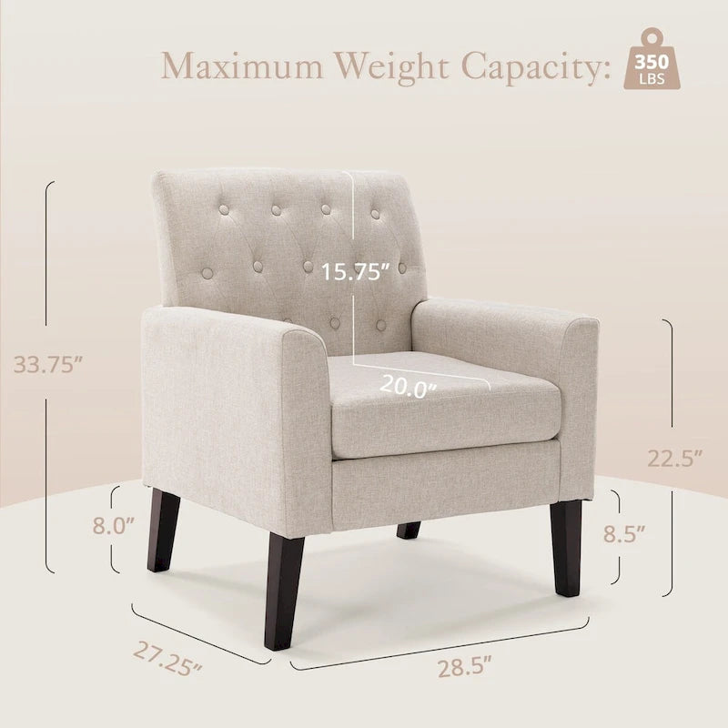 Mid-Century Modern Upholstered Linen Button Tufted Accent Chair