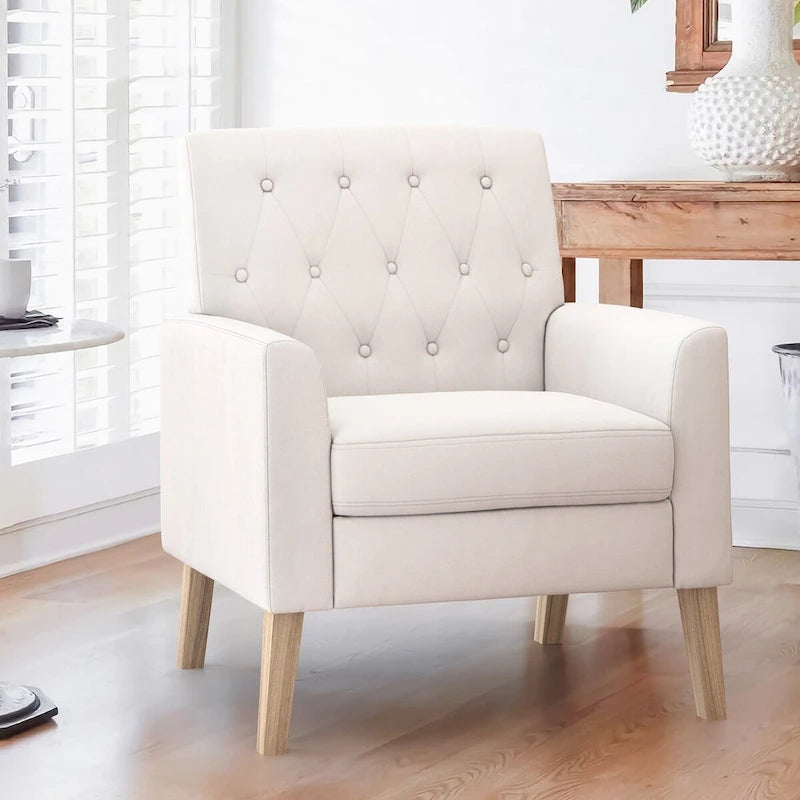 Mid-Century Modern Upholstered Linen Button Tufted Accent Chair