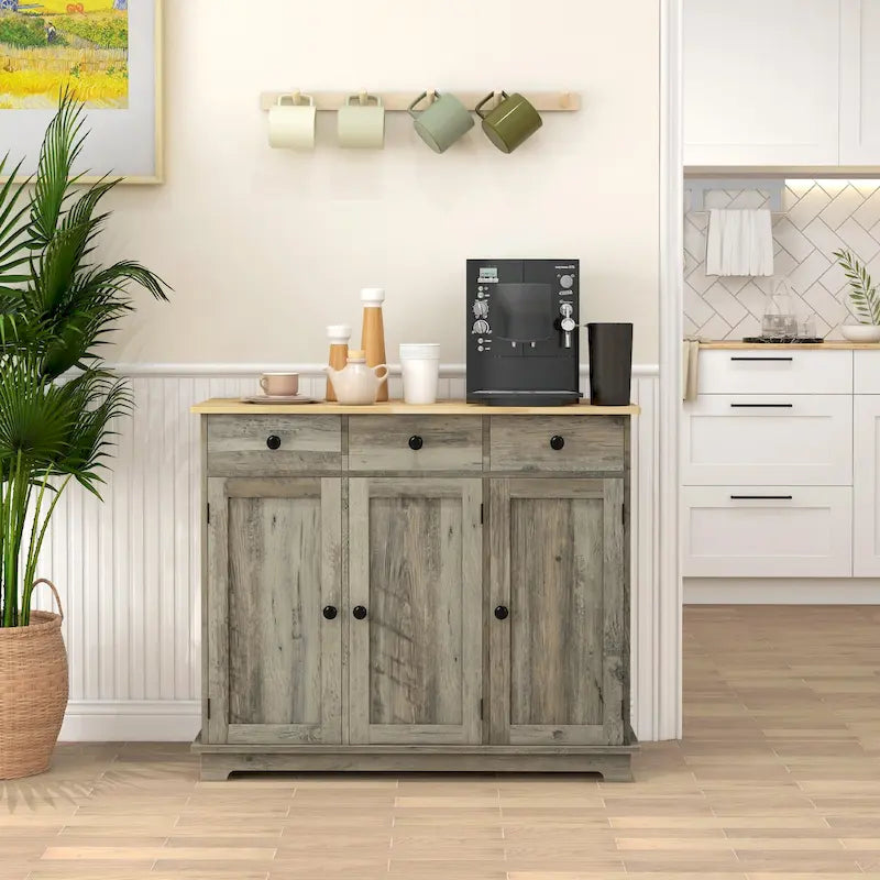Sideboard with Solid Wood Countertop, Modern Kitchen Storage Cabinet, Coffee Bar Cabinet with 3 Drawers