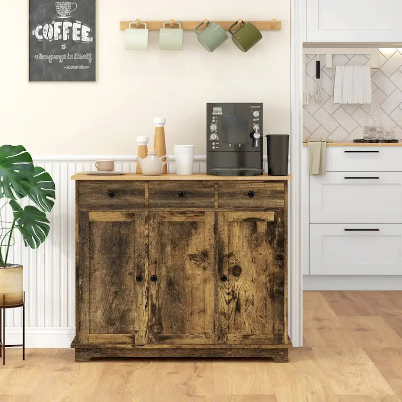 Aparador com tampo em madeira maciça, armário de arrumação de cozinha moderno, armário para bar de café com 3 gavetas