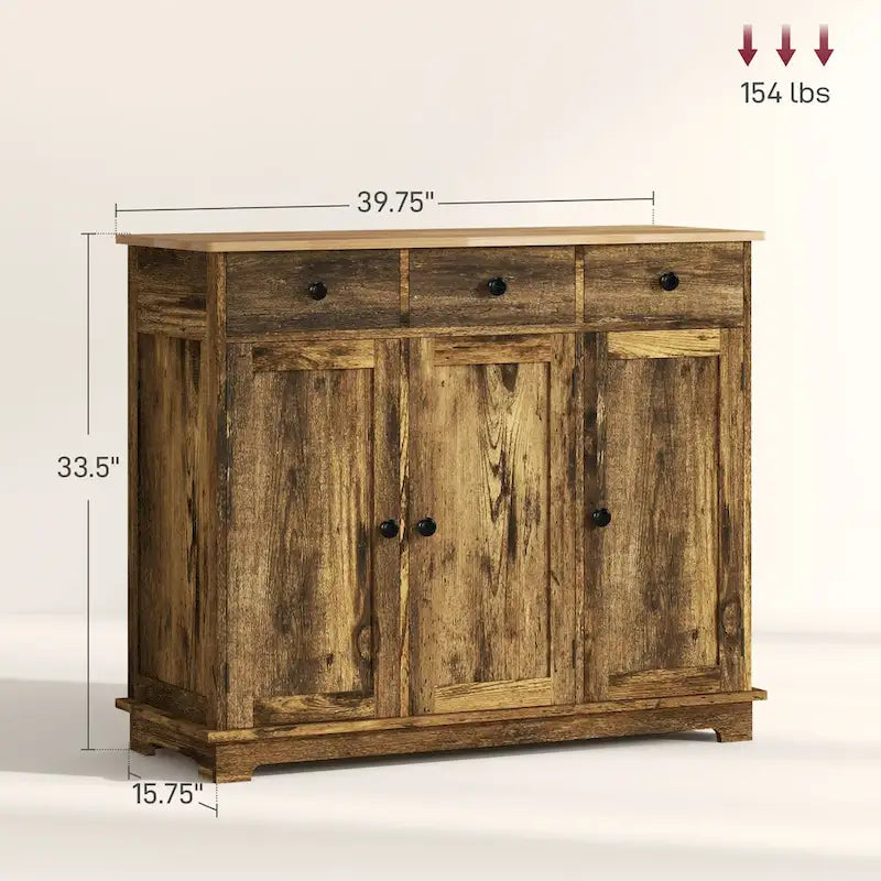 Aparador com tampo em madeira maciça, armário de arrumação de cozinha moderno, armário para bar de café com 3 gavetas