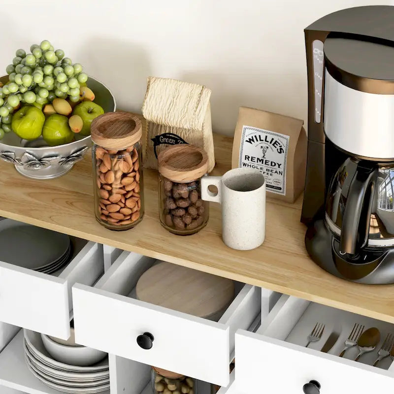 Aparador com tampo em madeira maciça, armário de arrumação de cozinha moderno, armário para bar de café com 3 gavetas