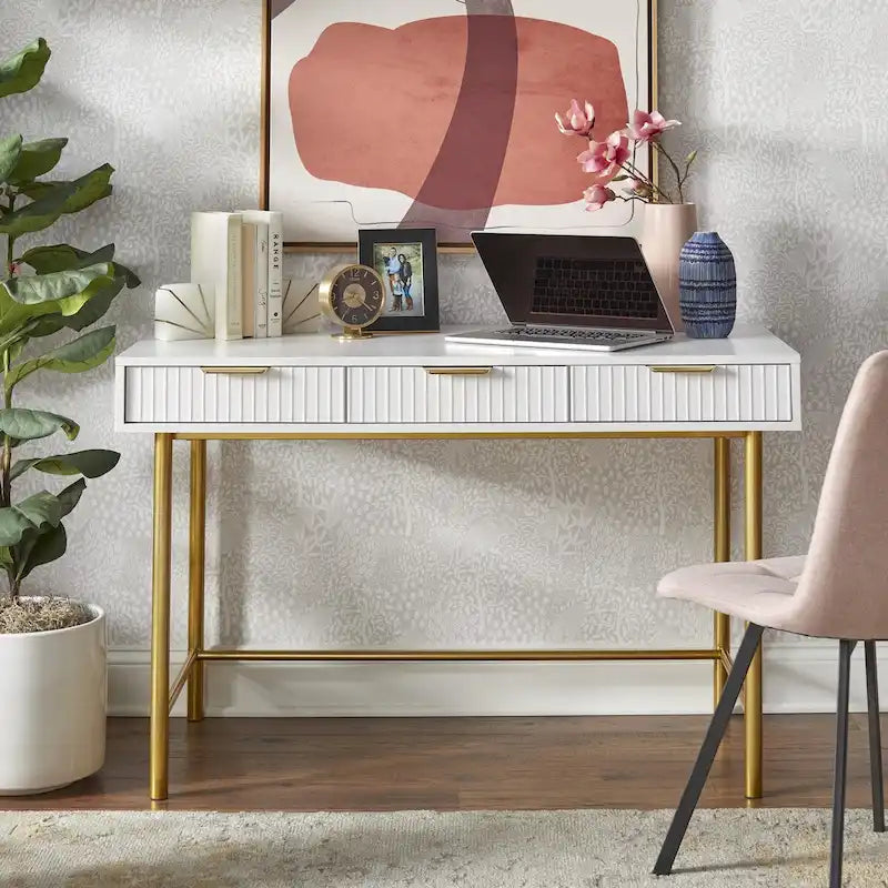 Channeled Drawer Desk with Gold Metal Legs
