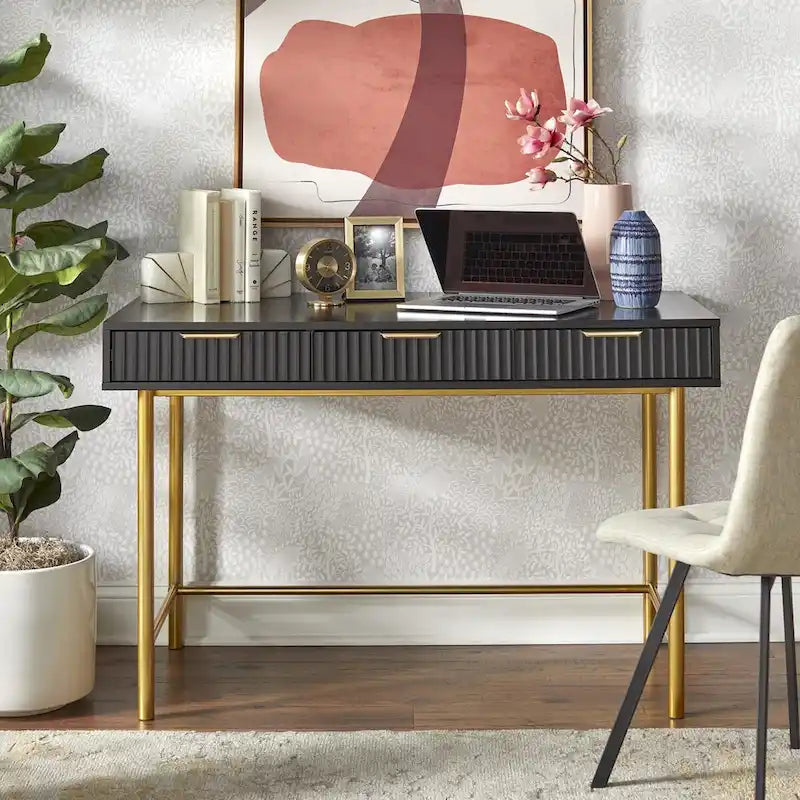 Channeled Drawer Desk with Gold Metal Legs