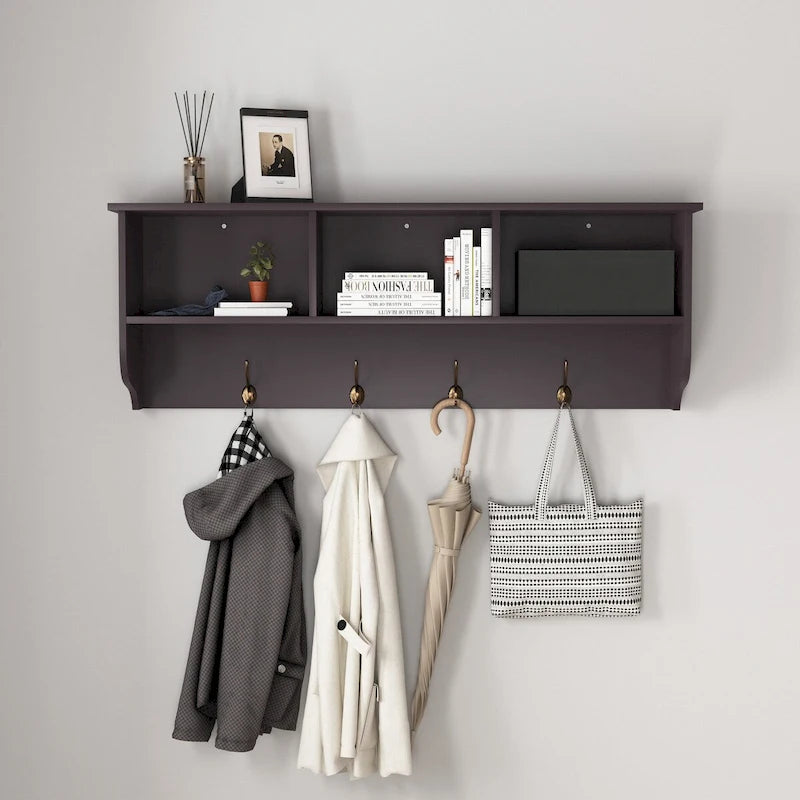 Wall Mounted Coat Rack with 4 Dual Hooks and Wooden Storage Shelf