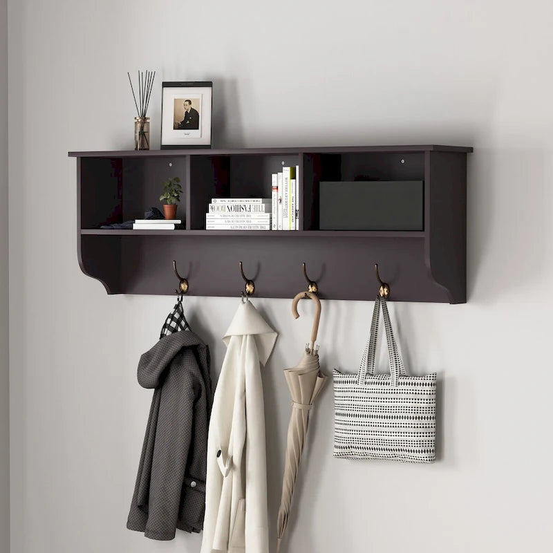 Wall Mounted Coat Rack with 4 Dual Hooks and Wooden Storage Shelf