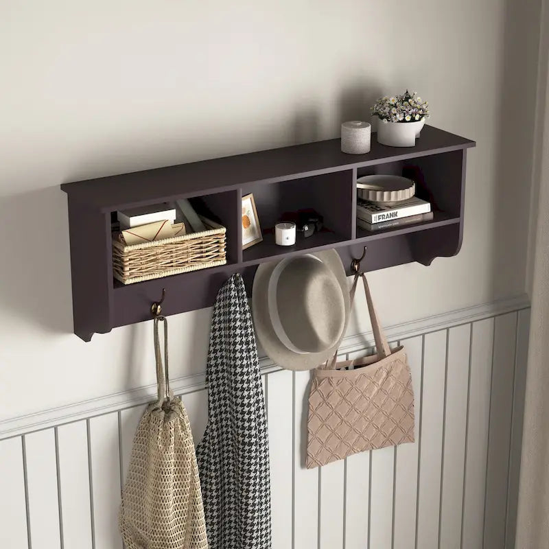 Wall Mounted Coat Rack with 4 Dual Hooks and Wooden Storage Shelf