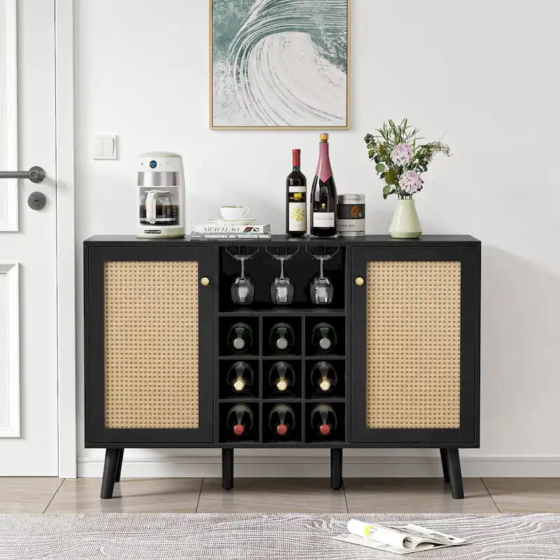 Buffet moderne noir en bois et rotin à 2 portes pour cuisine avec porte-bouteilles