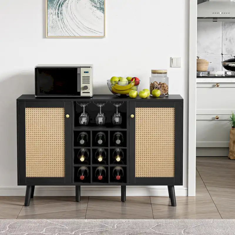 Buffet moderne noir en bois et rotin à 2 portes pour cuisine avec porte-bouteilles