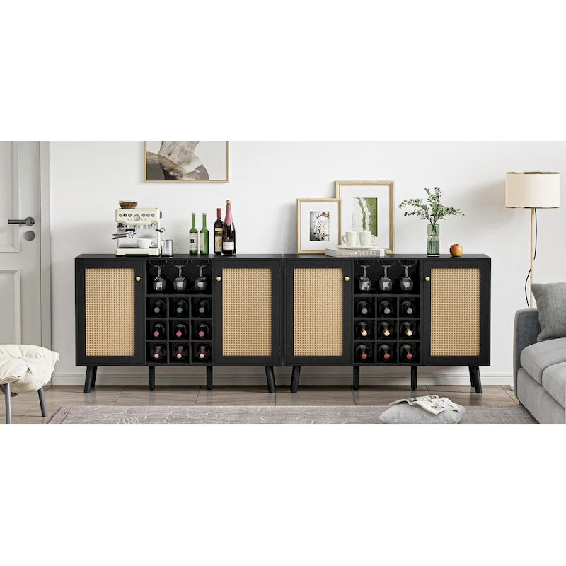 Buffet moderne noir en bois et rotin à 2 portes pour cuisine avec porte-bouteilles