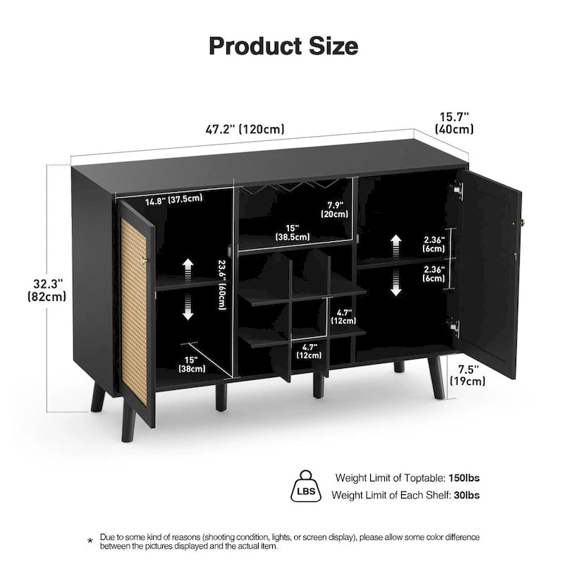 Buffet moderne noir en bois et rotin à 2 portes pour cuisine avec porte-bouteilles