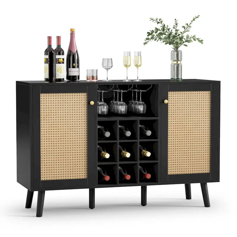 Buffet moderne noir en bois et rotin à 2 portes pour cuisine avec porte-bouteilles