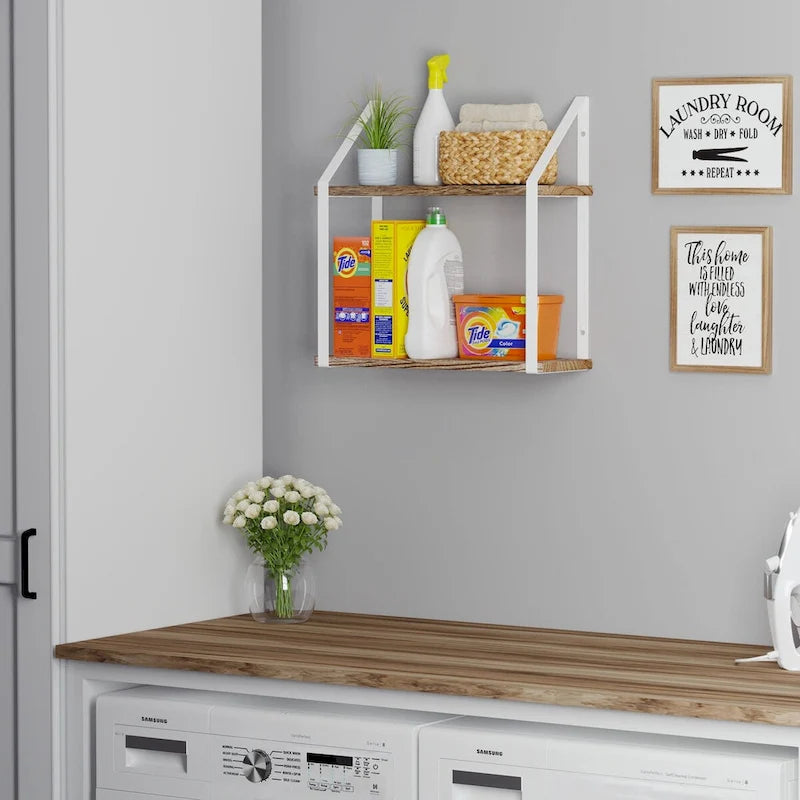 2 Tier Floating Shelves with White Brackets, Bathroom Wall Decor, 17x6, Burnt