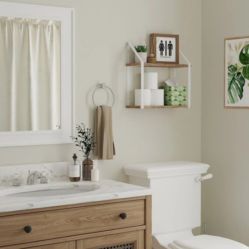 2 Tier Floating Shelves with White Brackets, Bathroom Wall Decor, 17x6, Burnt