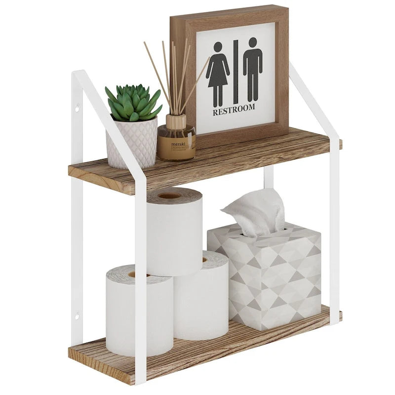 Étagères flottantes à 2 niveaux avec supports blancs, décoration murale de salle de bains, 17x6, aspect brûlé