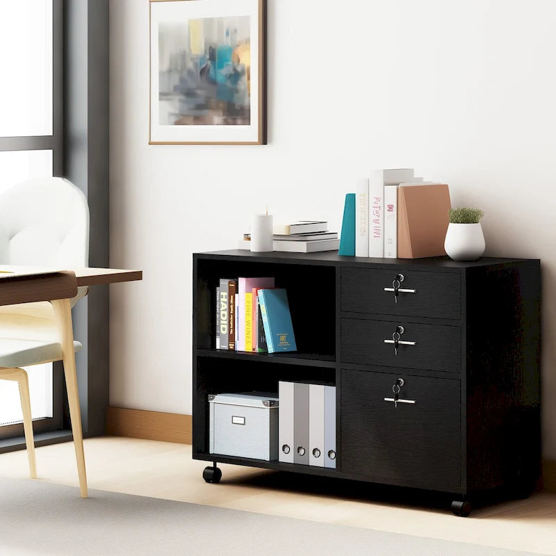 3 Drawers Mobile Filing Cabinet, Wood Lateral File Cabinet for Home Office