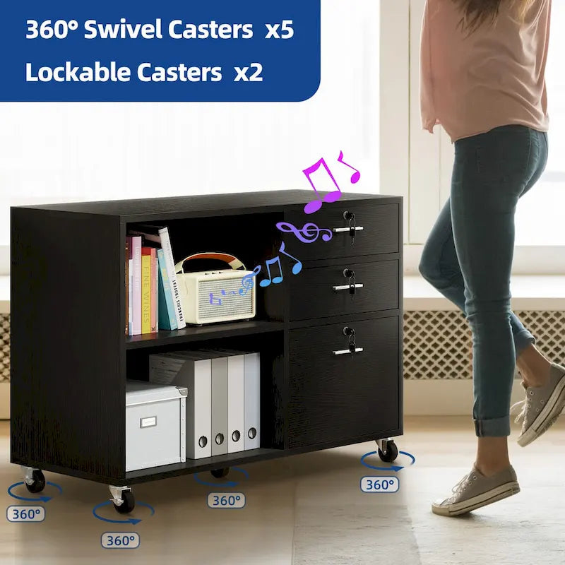 3 Drawers Mobile Filing Cabinet, Wood Lateral File Cabinet for Home Office
