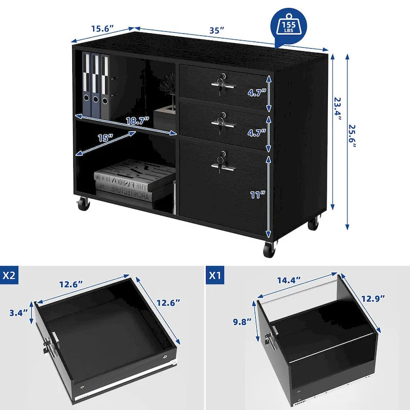 3 Drawers Mobile Filing Cabinet, Wood Lateral File Cabinet for Home Office